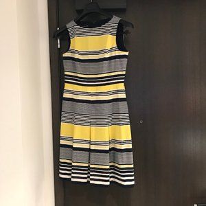 Jones New York, Yellow & Navy Blue Striped Above Knee Length Dress, Size 4